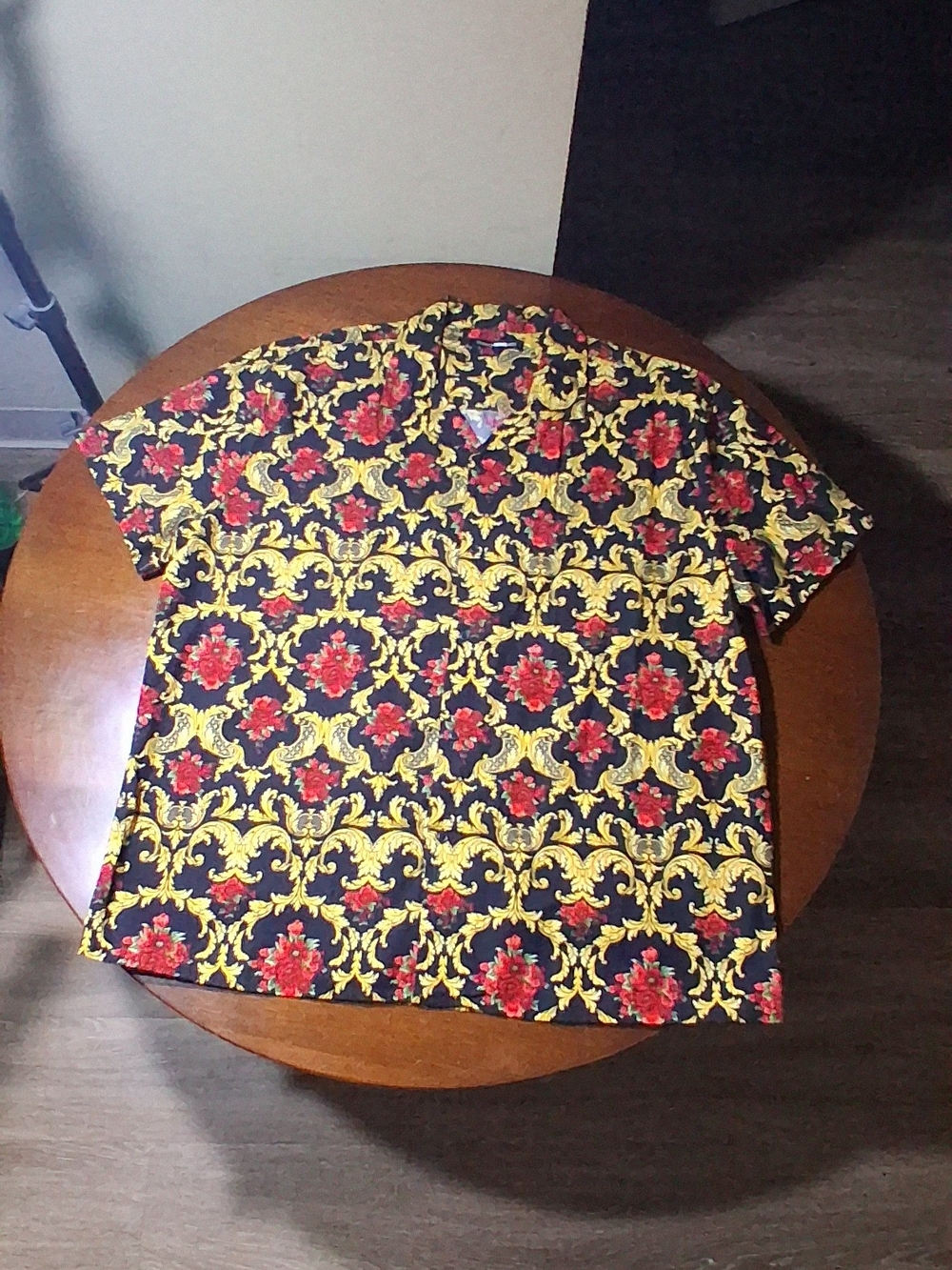 Fashion Nova Black Short Sleeve Shirt with Red Floral & Gold Baroque Print